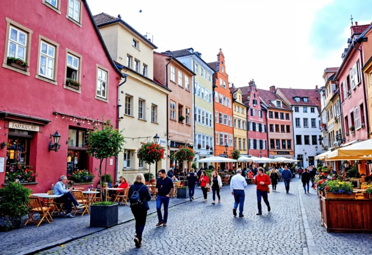 Colorful historic buildings line a cobblestone street in a European old town, with people walking, shopping, and dining at outdoor cafés.