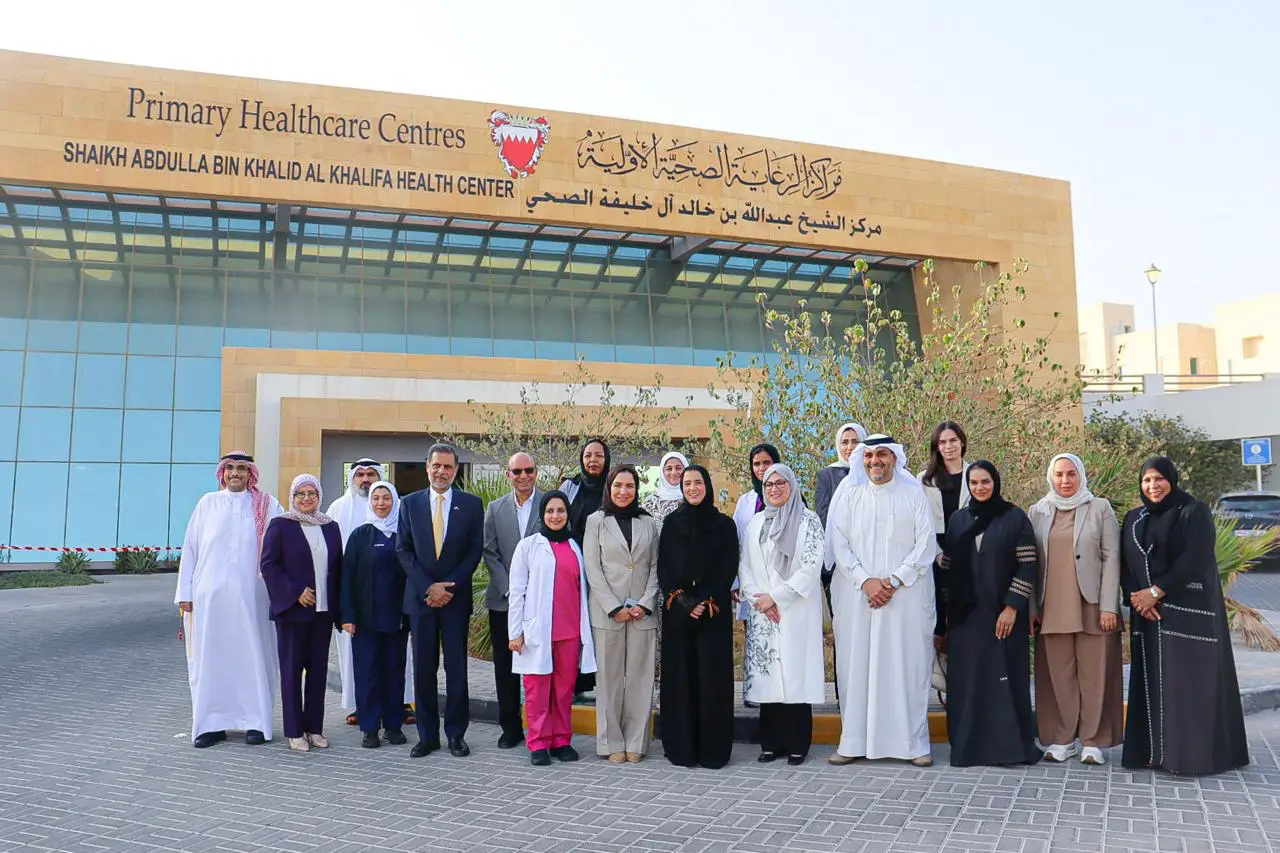 Bahrain’s Health Gains Position The Kingdom As A Rising Medical Travel Hub 4 Dr Hanan Balkhy with health officials and staff outside the Shaikh Abdulla bin Khalid Al Khalifa Health Center in Bahrain.