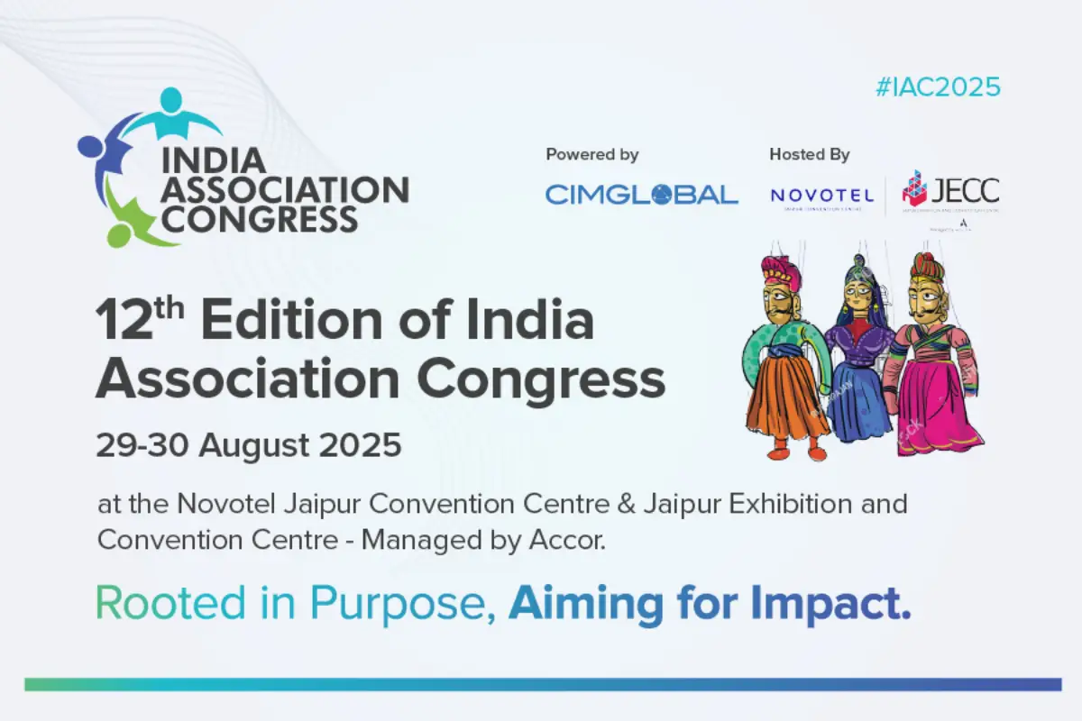 Promotional banner for the 12th Edition of India Association Congress held on 29–30 August 2025 at Novotel Jaipur Convention Centre and Jaipur Exhibition and Convention Centre. The banner includes event partners CIMGlobal, Novotel, and JECC, with the tagline “Rooted in Purpose, Aiming for Impact.”