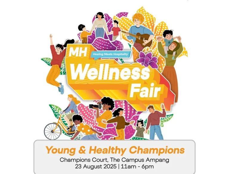 Colorful promotional poster for MH Wellness Fair 2025 themed “Young & Healthy Champions,” scheduled for 23 August 2025 at Champions Court, The Campus Ampang, from 11 a.m. to 6 p.m., featuring illustrations of youths engaging in activities like cycling, dancing, and music.