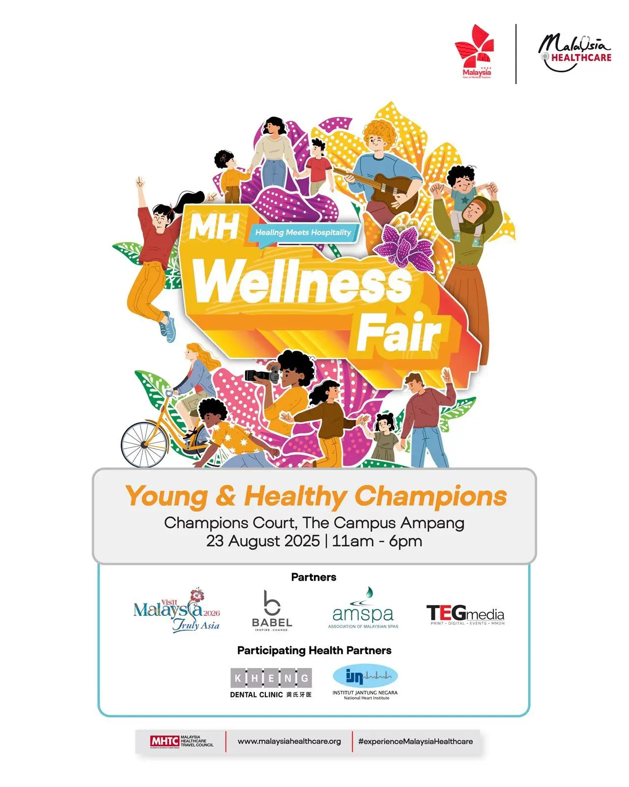 Promotional poster for the MH Wellness Fair 2025 themed “Young & Healthy Champions,” held at Champions Court, The Campus Ampang, on 23 August 2025 from 11 a.m. to 6 p.m., organized by Malaysia Healthcare Travel Council with partners including Visit Malaysia 2026, Babel, AMSPA, TEG Media, Kheng Dental Clinic, and Institut Jantung Negara.