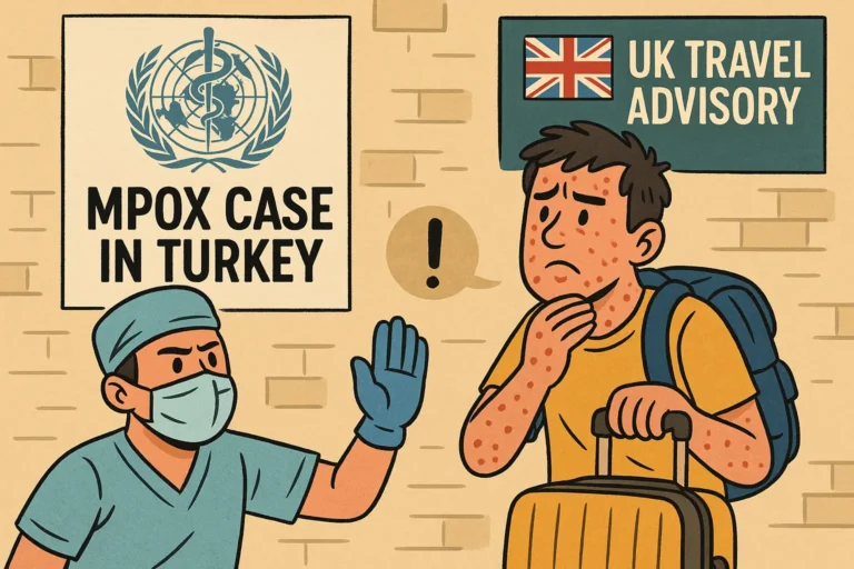 Cartoon-style illustration of a healthcare worker stopping a worried traveler with a suitcase showing mpox symptoms, alongside signs reading “MPOX CASE IN TURKEY” and “UK TRAVEL ADVISORY.”