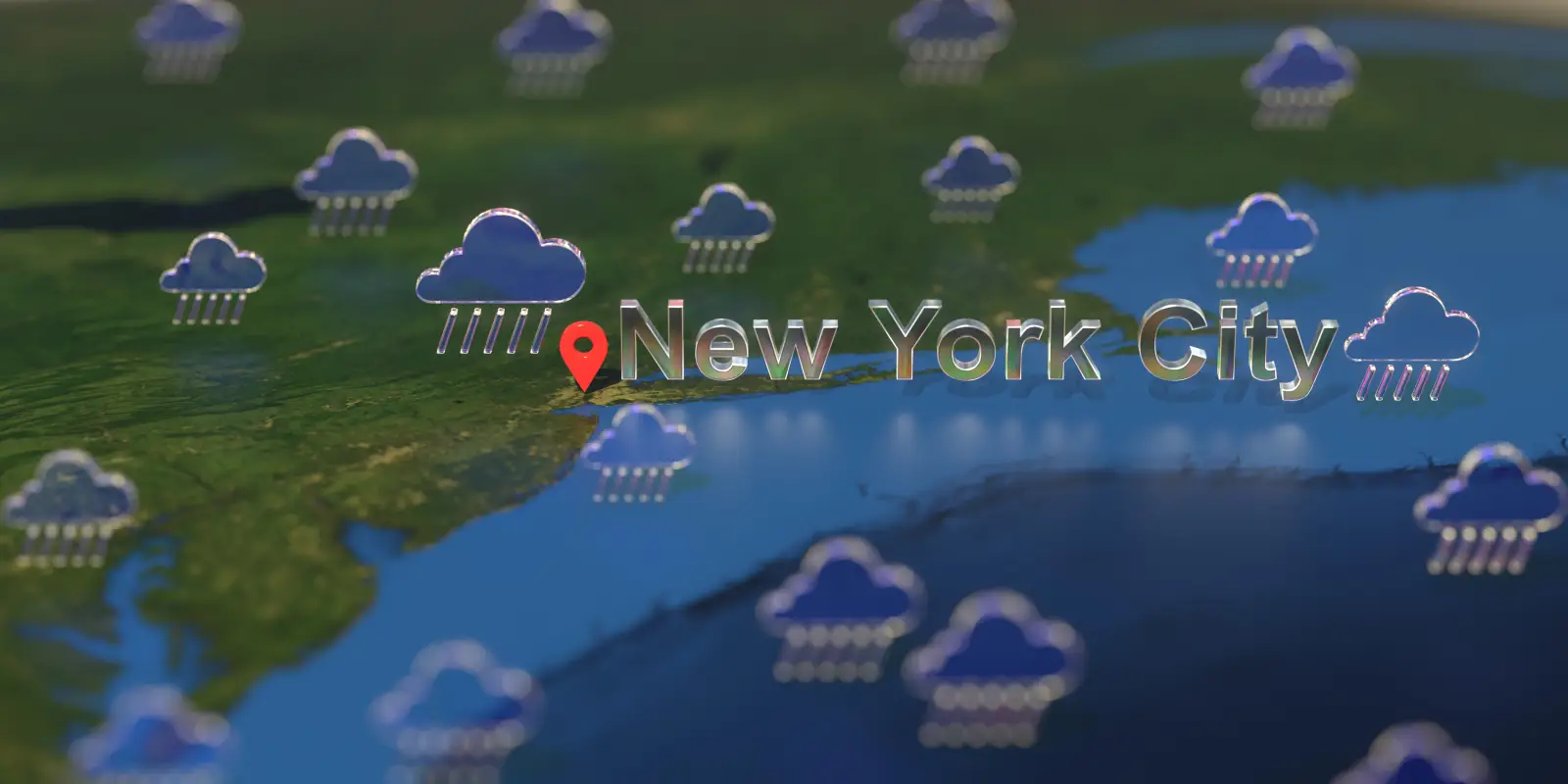 Map highlighting New York City with multiple rain cloud icons indicating heavy rainfall across the U.S. East Coast.