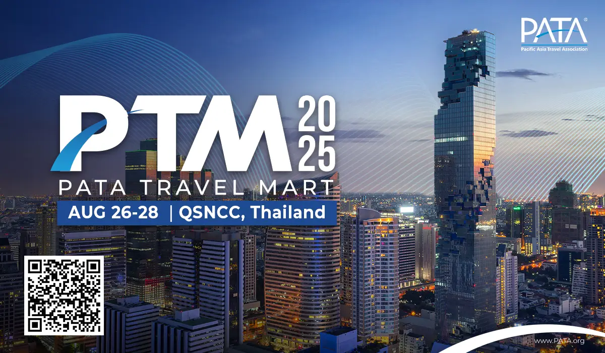 Pata Unveils Full Programme For Travel Mart 2025 In Bangkok 15 Promotional banner for PATA Travel Mart 2025 in Bangkok, showing event dates August 26–28 at QSNCC, Thailand, with Bangkok city skyline and PATA logo.