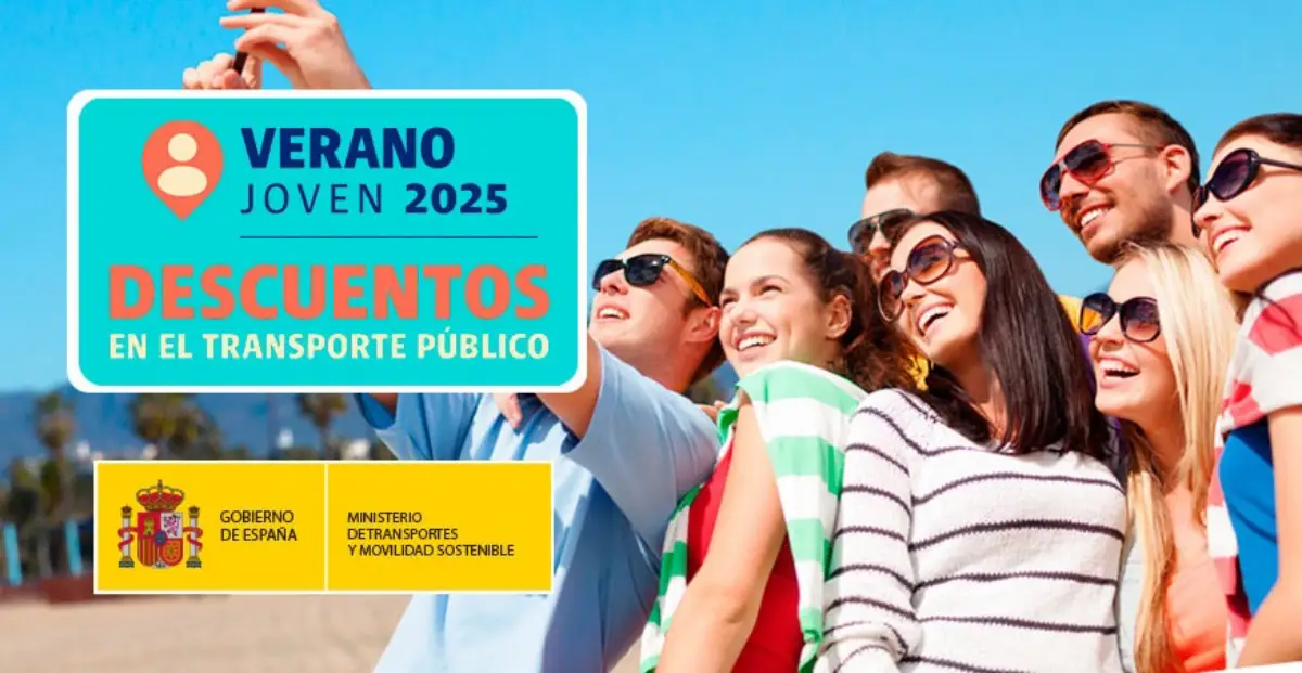 Promotional banner for Verano Joven 2025 featuring young travelers smiling together, highlighting discounts on public transport in Spain with government support logos.