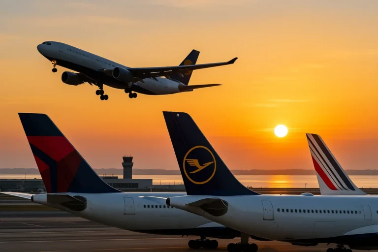 Delta, Lufthansa, and Air France aircraft at sunrise, with a twin-engine jet taking off above the terminal.
