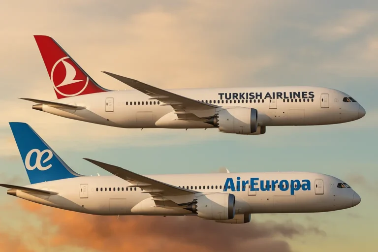 Aviation 28 Turkish Airlines and Air Europa Boeing 787 aircraft flying side by side against a sunset sky, showcasing their distinct tails and liveries.