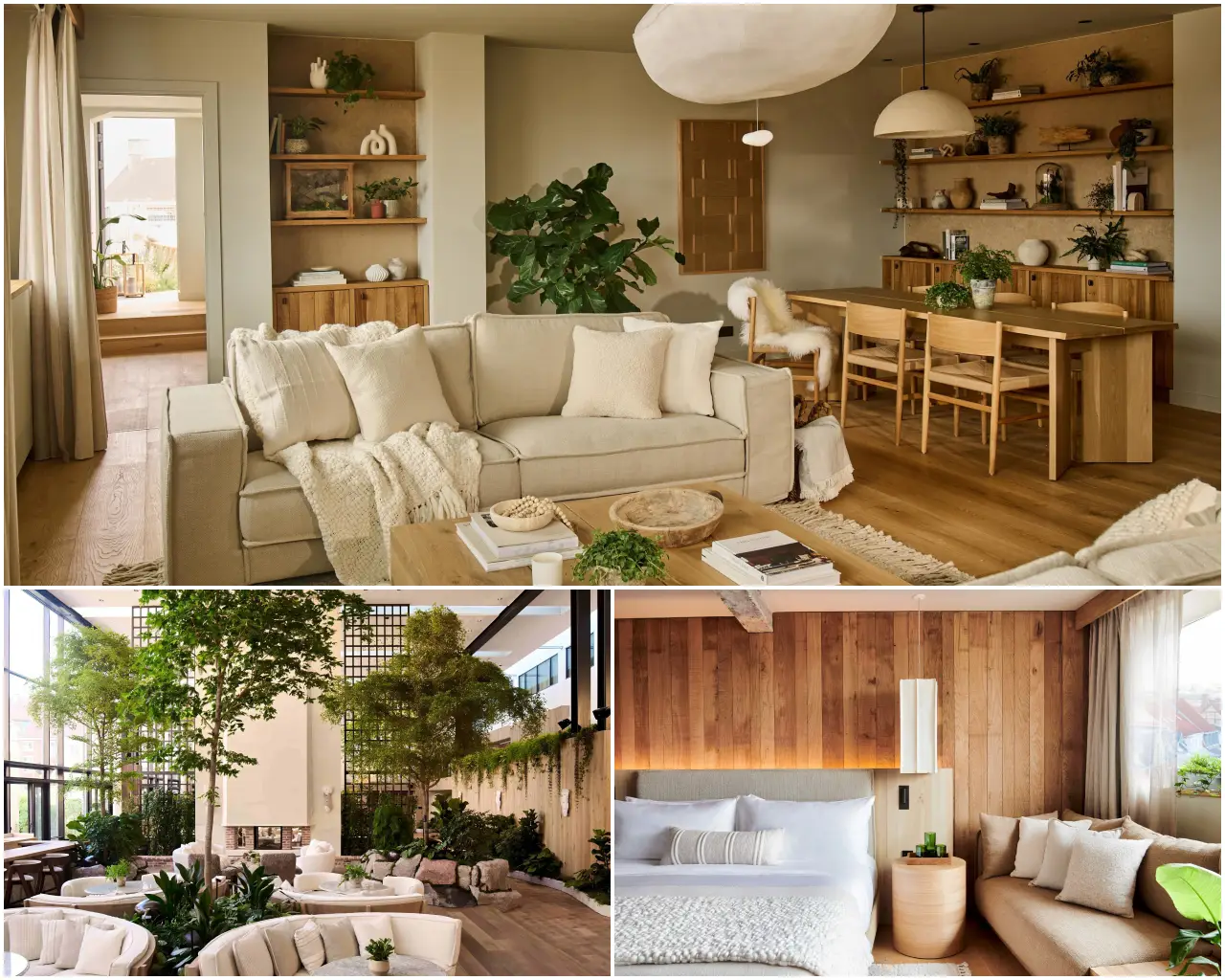 New 1 Hotel Copenhagen Debuts In Denmark 3 Collage of 1 Hotel Copenhagen interiors featuring living room, atrium lounge with greenery, and guest bedroom