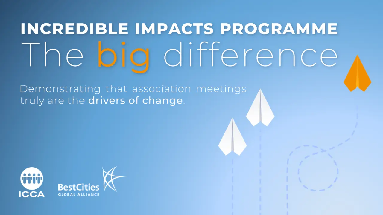 Incredible Impacts Programme graphic with paper airplanes and tagline “The big difference, demonstrating that association meetings truly are the drivers of change.” Logos of ICCA and BestCities Global Alliance at bottom.