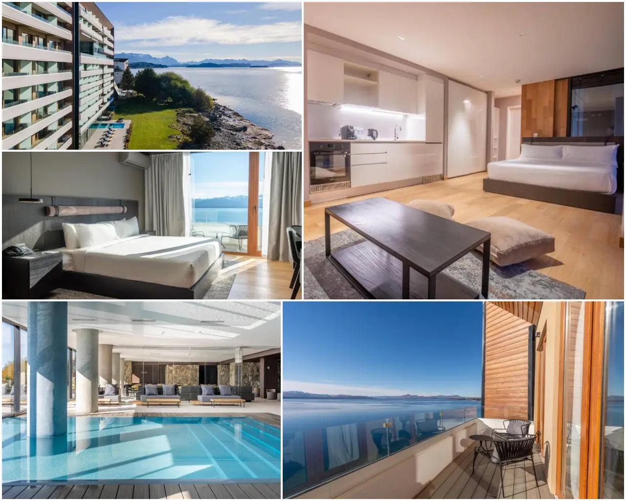 Collage of Radisson Blu Bariloche featuring lakefront views, modern guest rooms, spa pool area, and private balconies overlooking Lake Nahuel Huapi.