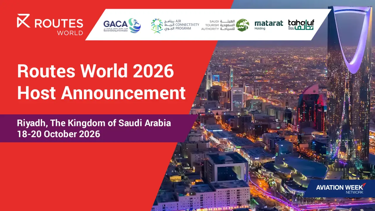 Announcement banner for Routes World 2026 hosted in Riyadh, Saudi Arabia, scheduled for October 18–20, 2026