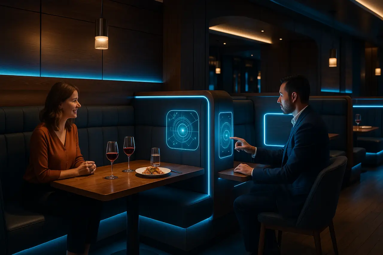 Futuristic restaurant interior with modern booths featuring embedded technology, ambient lighting, and diners enjoying a smart seating experience.