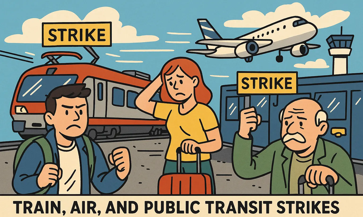 Cartoon illustration of frustrated travelers facing train, air, and bus strikes in Italy during September 2025.