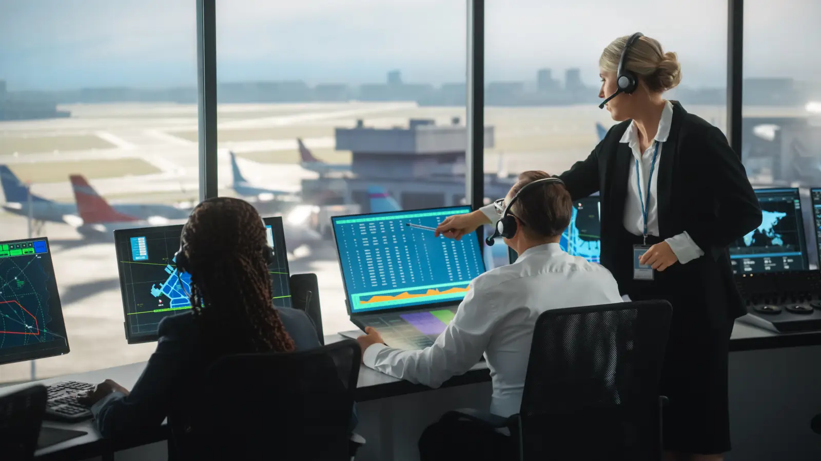Air traffic controllers monitor flight data on computer screens inside a control tower overlooking an airport runway.
