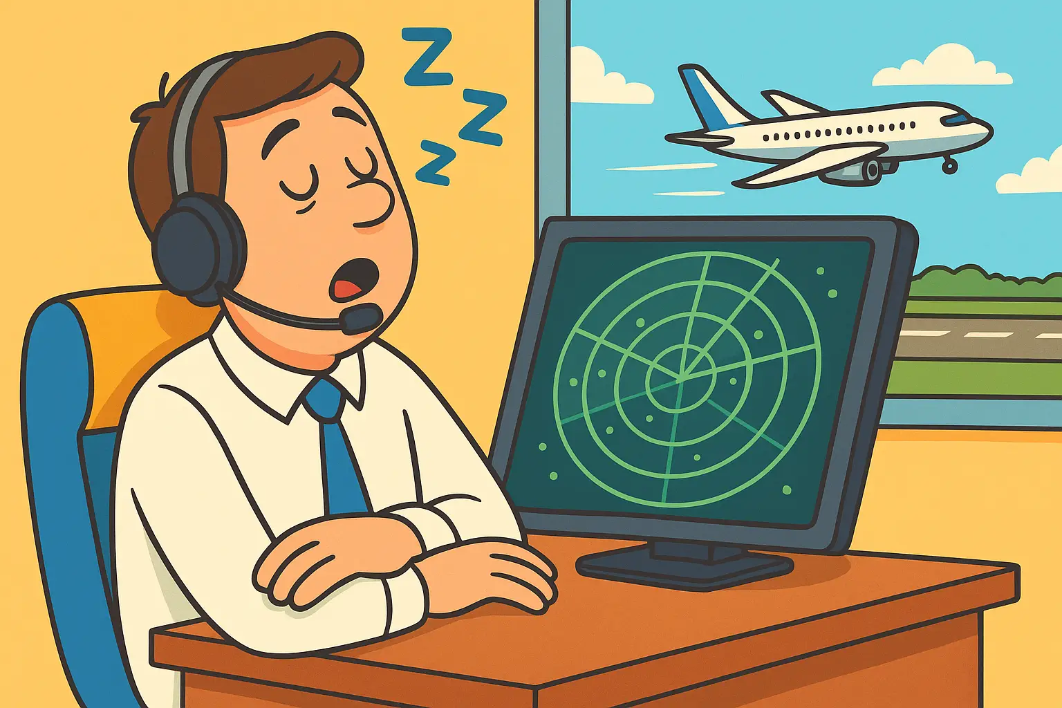 Paris-Orly Flight Delayed After Ajaccio Air Traffic Controller Found Asleep 2 Cartoon of an air traffic controller asleep in a tower with a plane circling outside