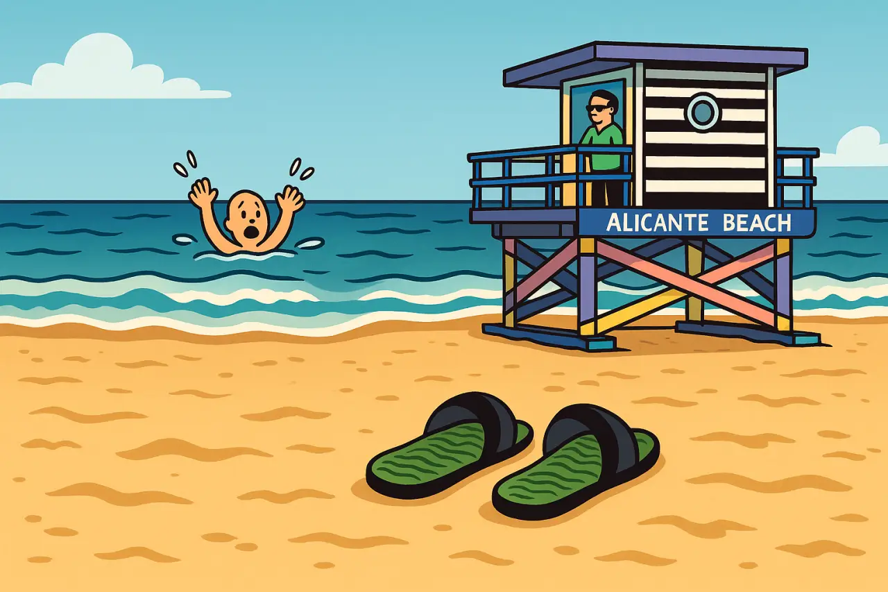 Drowning Deaths In Spain Near Record Highs In 2025 2 Cartoon of Alicante Beach with lifeguard watching a swimmer in distress and empty sandals on the sand