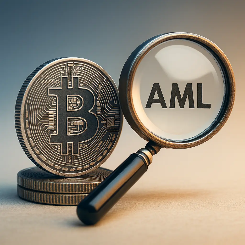 Bitcoin coin beside magnifying glass highlighting AML text on neutral background