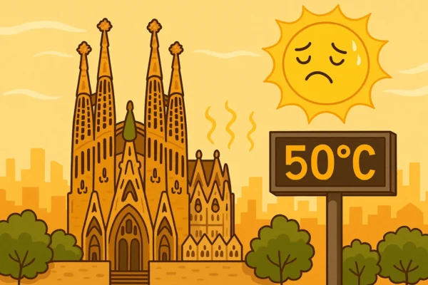 cartoon illustration of Barcelona’s Sagrada Familia with 50°C display and sweating sun in the sky