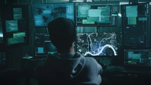 Home 2 Hacker in dark room using multiple monitors with code and maps during a cyberattack simulation