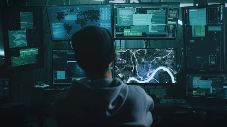 Cruise Travel 21 Hacker in dark room using multiple monitors with code and maps during a cyberattack simulation