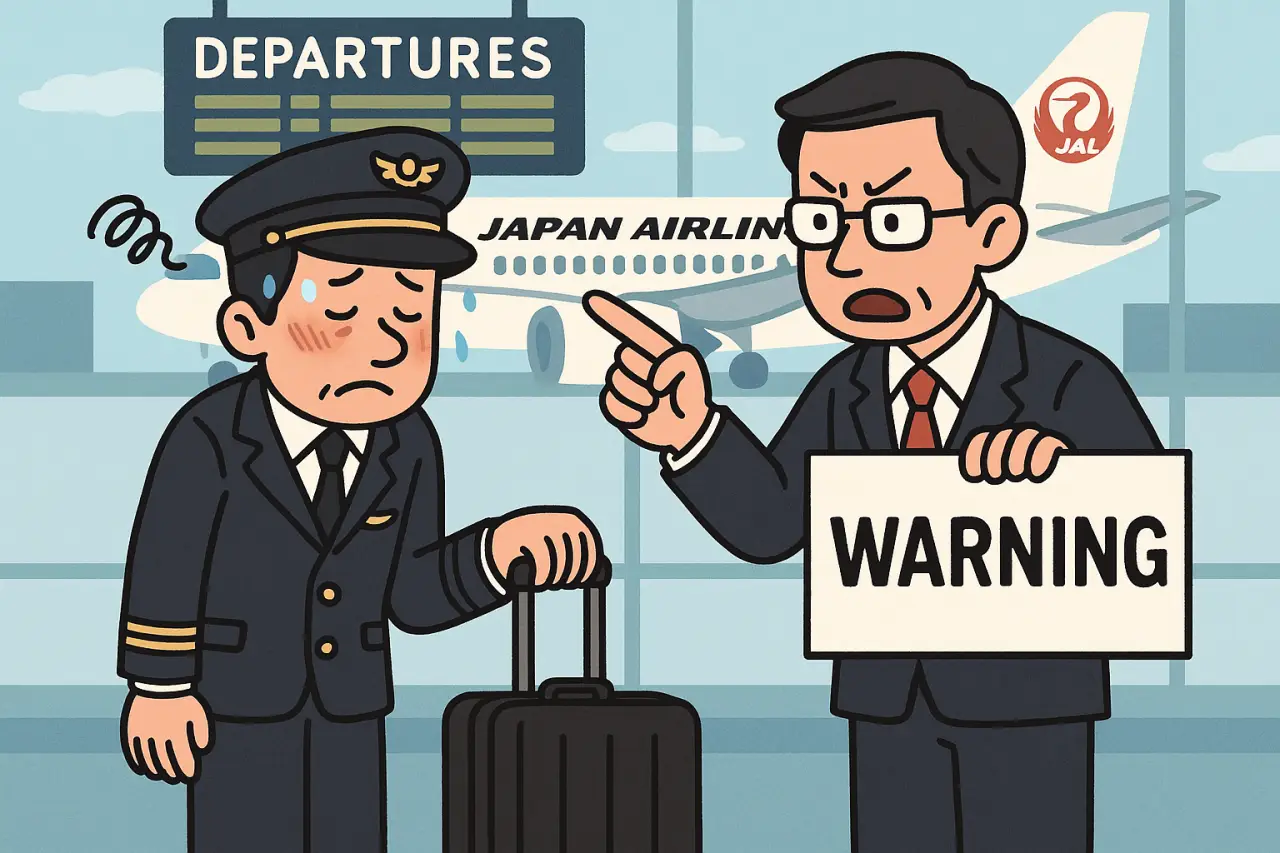 Cartoon of Japan Airlines pilot being scolded by executive at airport after alcohol-related incident