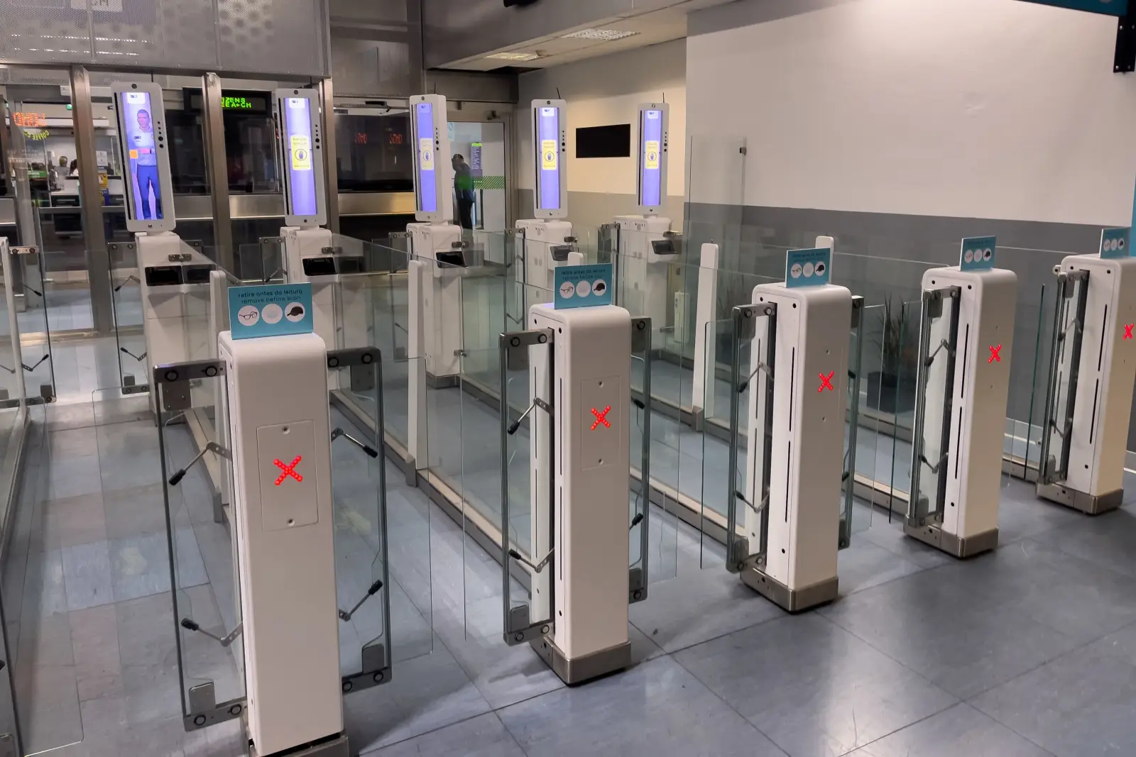 Automated passport control gates with biometric scanners at Lisbon international airport