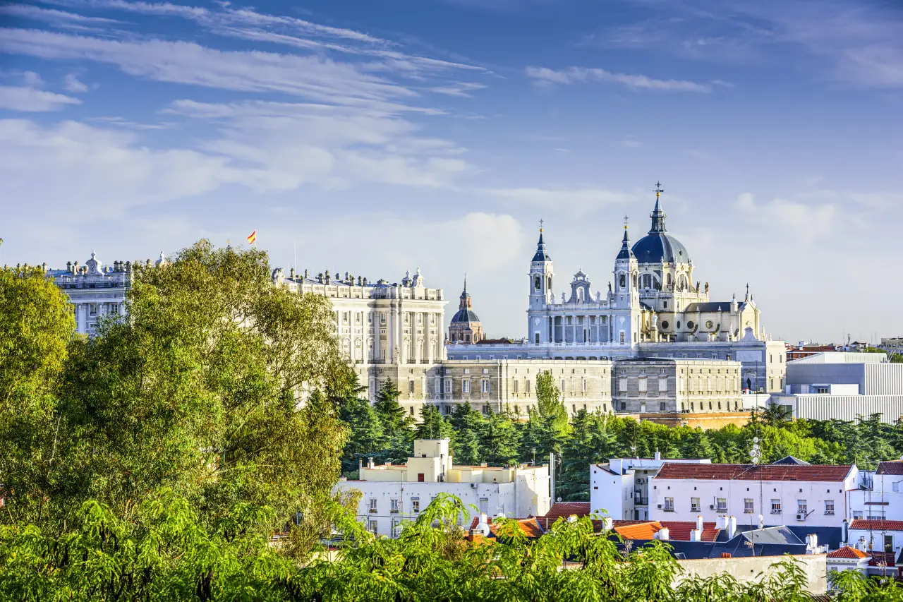 Madrid Opens 22 Historic Palaces To The Public For Free In 2025 4 Madrid skyline with Almudena Cathedral and Royal Palace viewed from distance