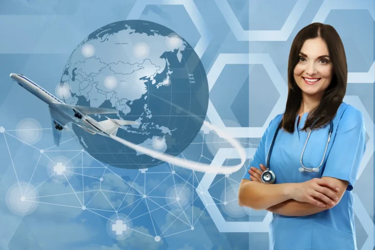 Smiling female doctor with stethoscope standing beside a globe and airplane symbolizing global medical tourism.