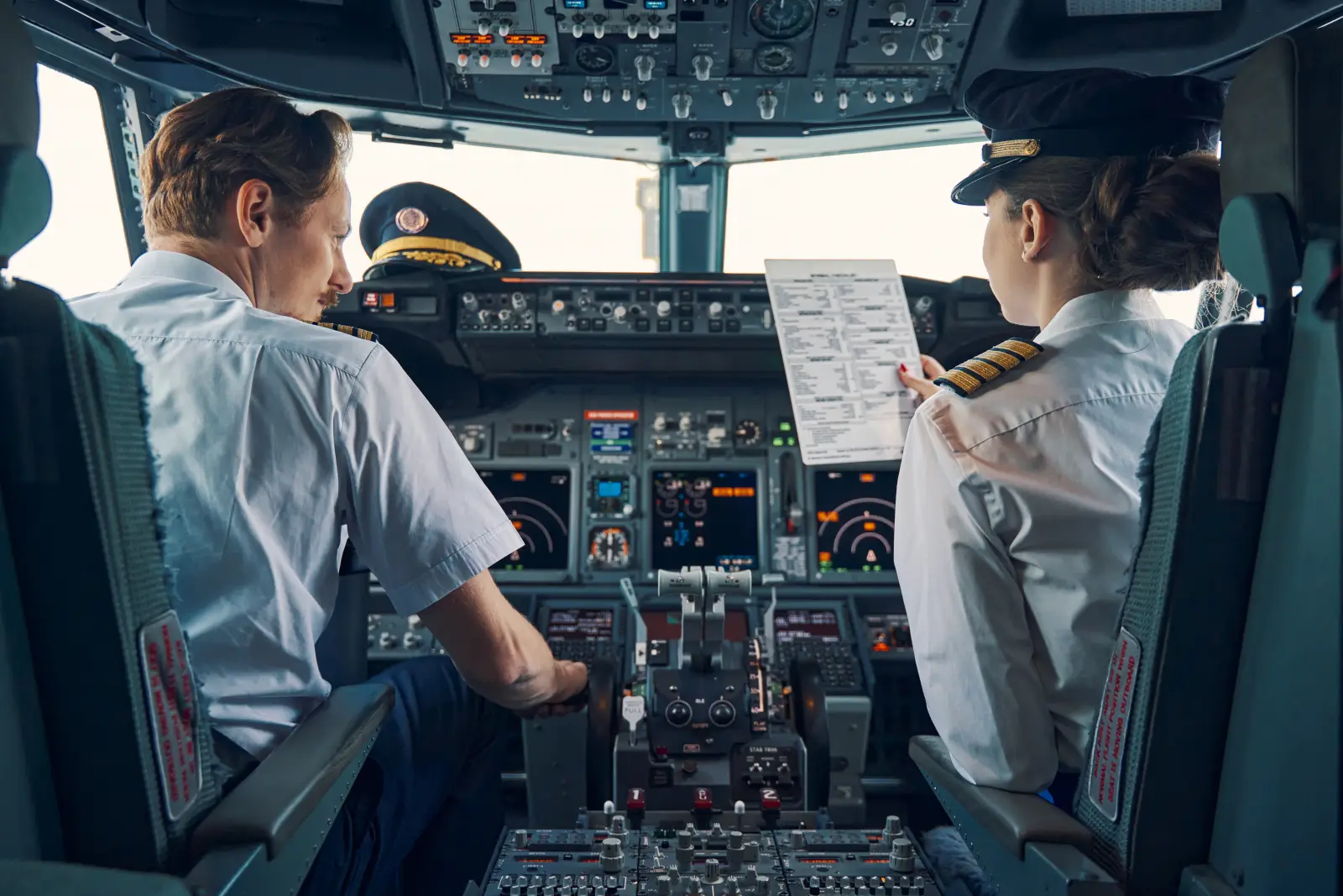 Two airline pilots in uniform inside a cockpit reviewing flight documents.