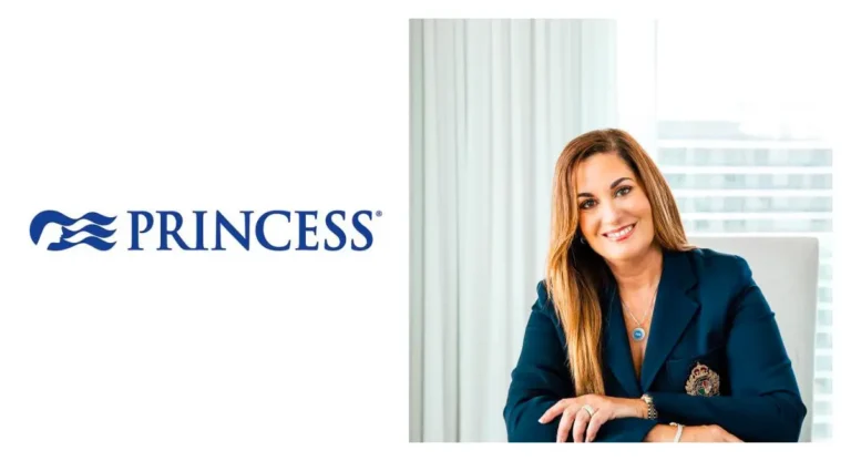 Princess Cruises logo alongside Carmen Roig, newly promoted senior vice president of sales, smiling in a professional setting.