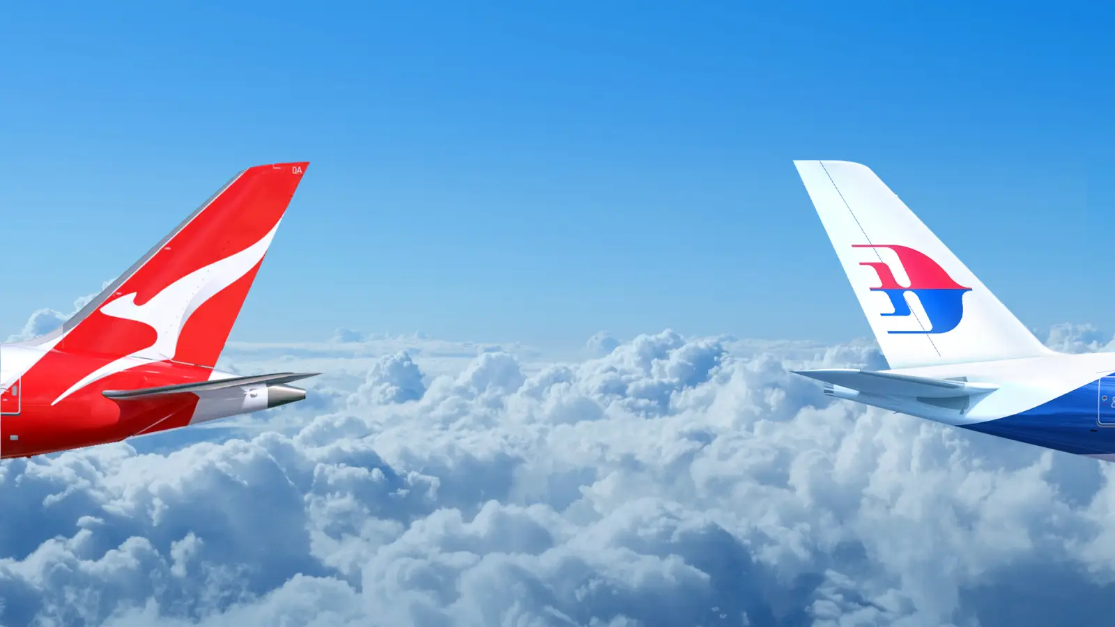Las colas de la aeronave de las aerolíneas de Qantas y Malasia se alinean por encima de las nubes