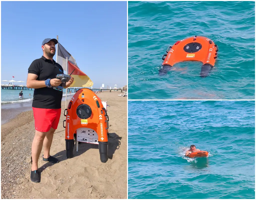 Remote-Controlled Lifeguard Device “Fasty” Expands Across Turkish Hotels 3 Collage showing the Fasty remote-controlled lifeguard device in Antalya: a lifeguard with the controller on the beach, the device in the water, and a swimmer being rescued.