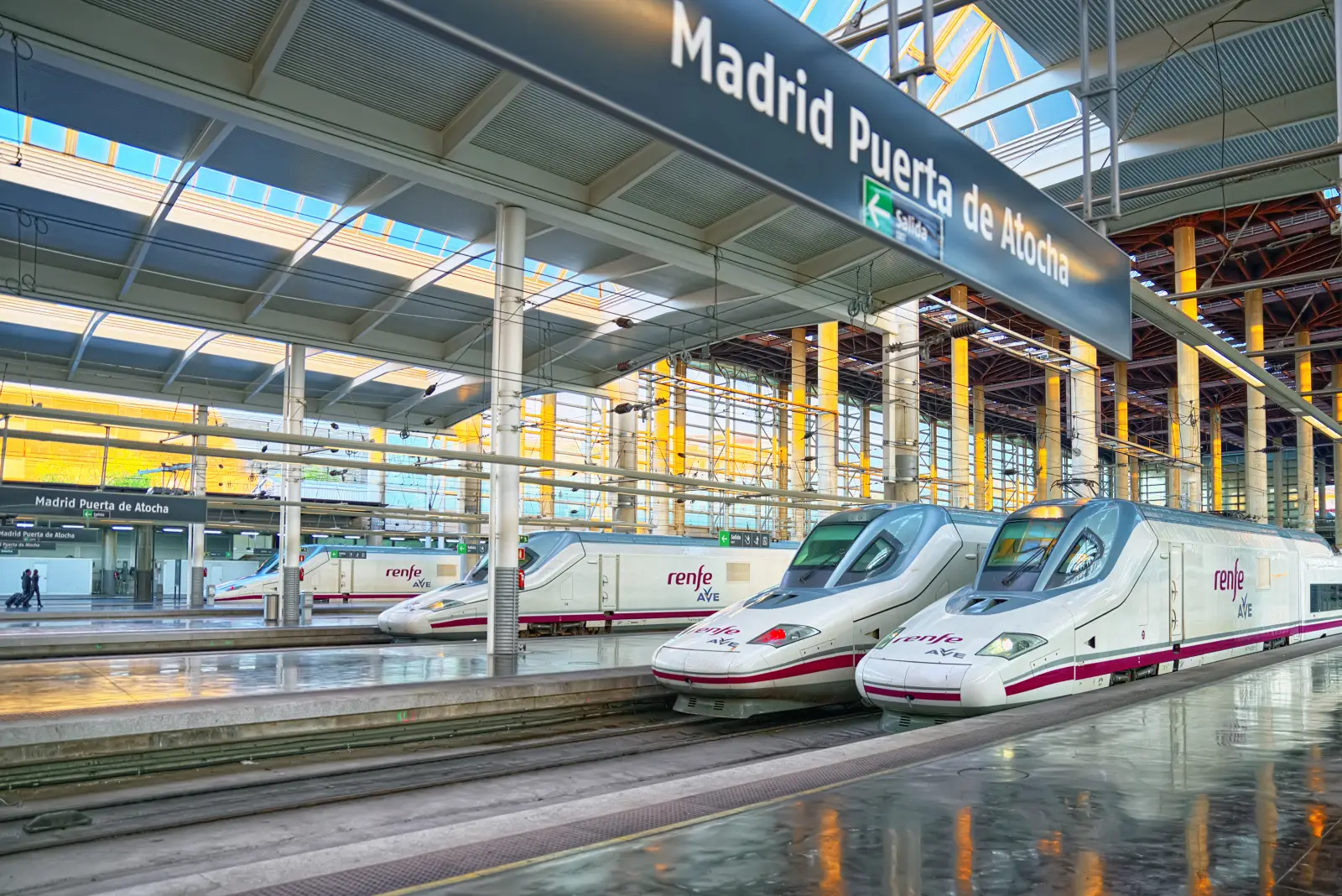 Renfe AVE high-speed trains at Madrid Puerta de Atocha station.