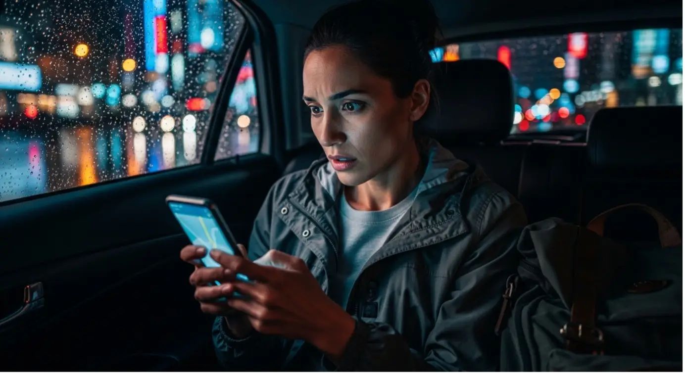Are International Ride-Sharing Apps Safe For Tourists In 2025? 2 Concerned woman checks her phone while riding in a car at night