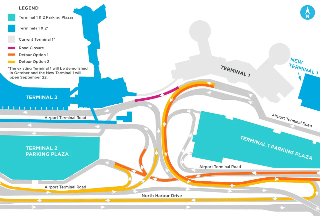 Detour map showing road closures and alternate vehicle routes between Terminals 1 and 2 at San Diego International Airport during construction.