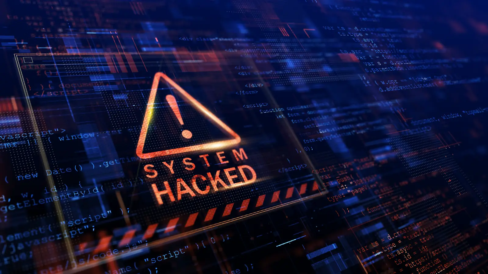 Warning sign with text “System Hacked” displayed on digital screen with code in background