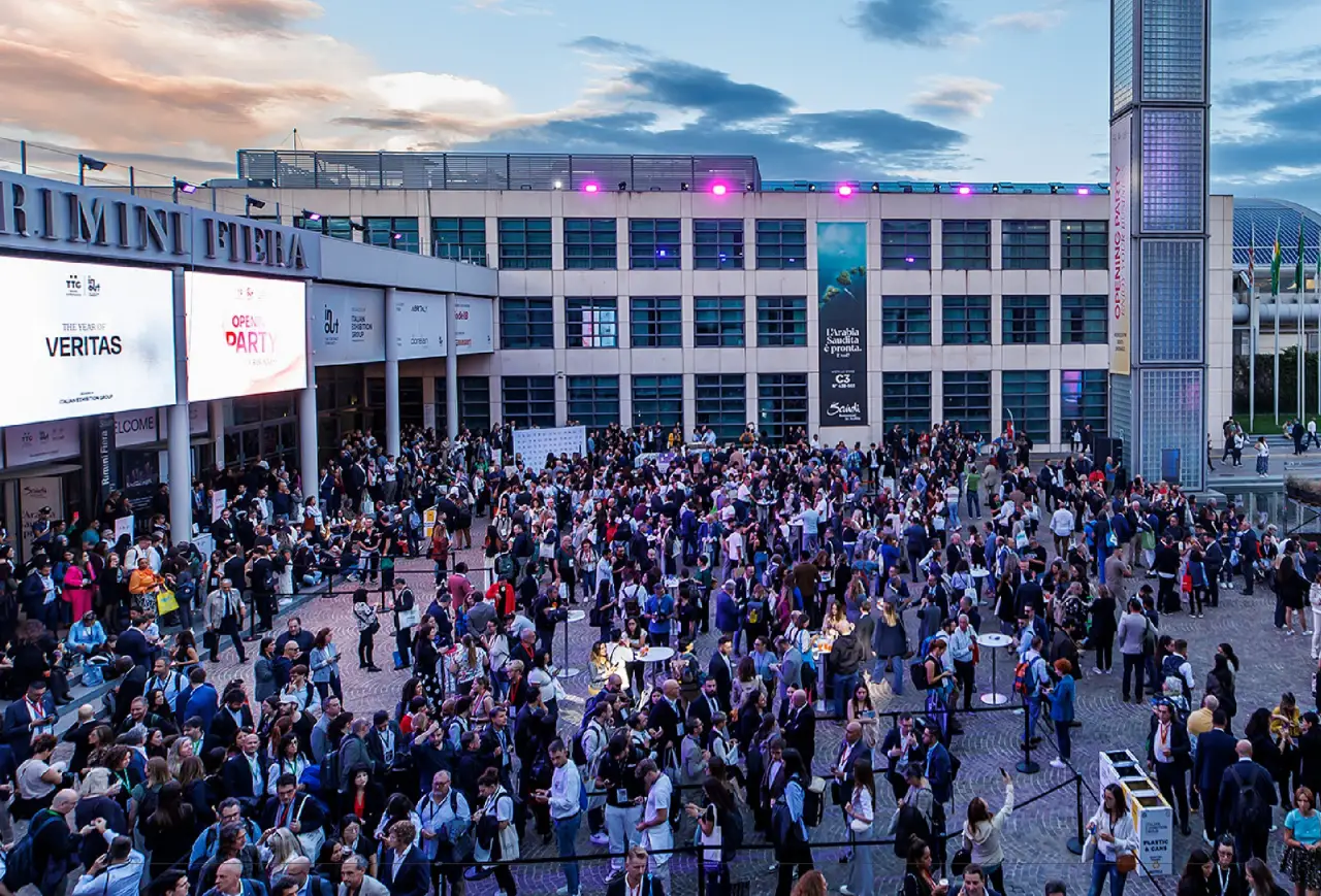 Crowd of visitors gathered at the entrance of TTG Travel Experience Fair in Rimini