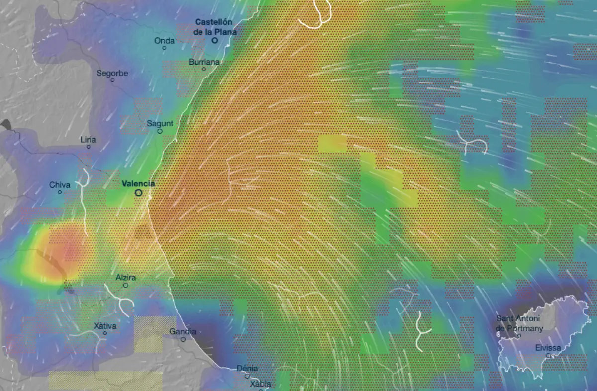 Red Alert For Heavy Rains In Valencia, Castellón, And Tarragona Disrupts Travel 2 Weather map showing heavy rain and storm system over Valencia, Castellón, and eastern Spain