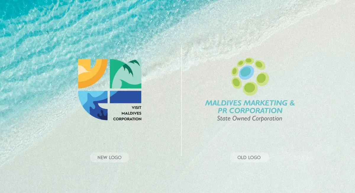 Side-by-side comparison of the new Visit Maldives Corporation logo and the old Maldives Marketing & PR Corporation logo on a beach background.