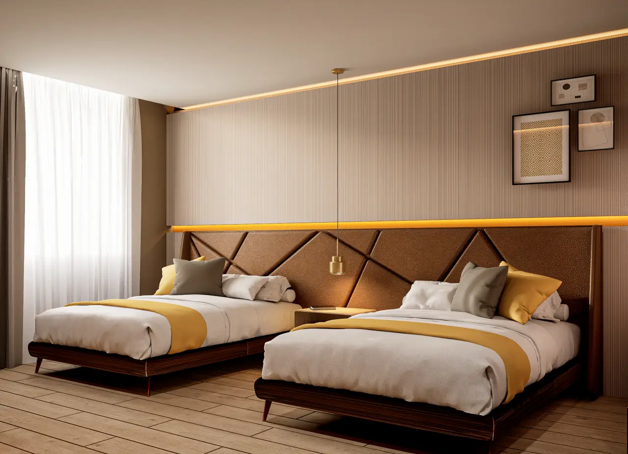 Modern voco hotel room with two beds, gold accents, wood flooring, and warm lighting