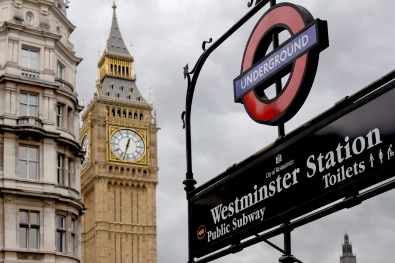 Westminster Station sign with Big Ben clock tower in the background on a cloudy day.
