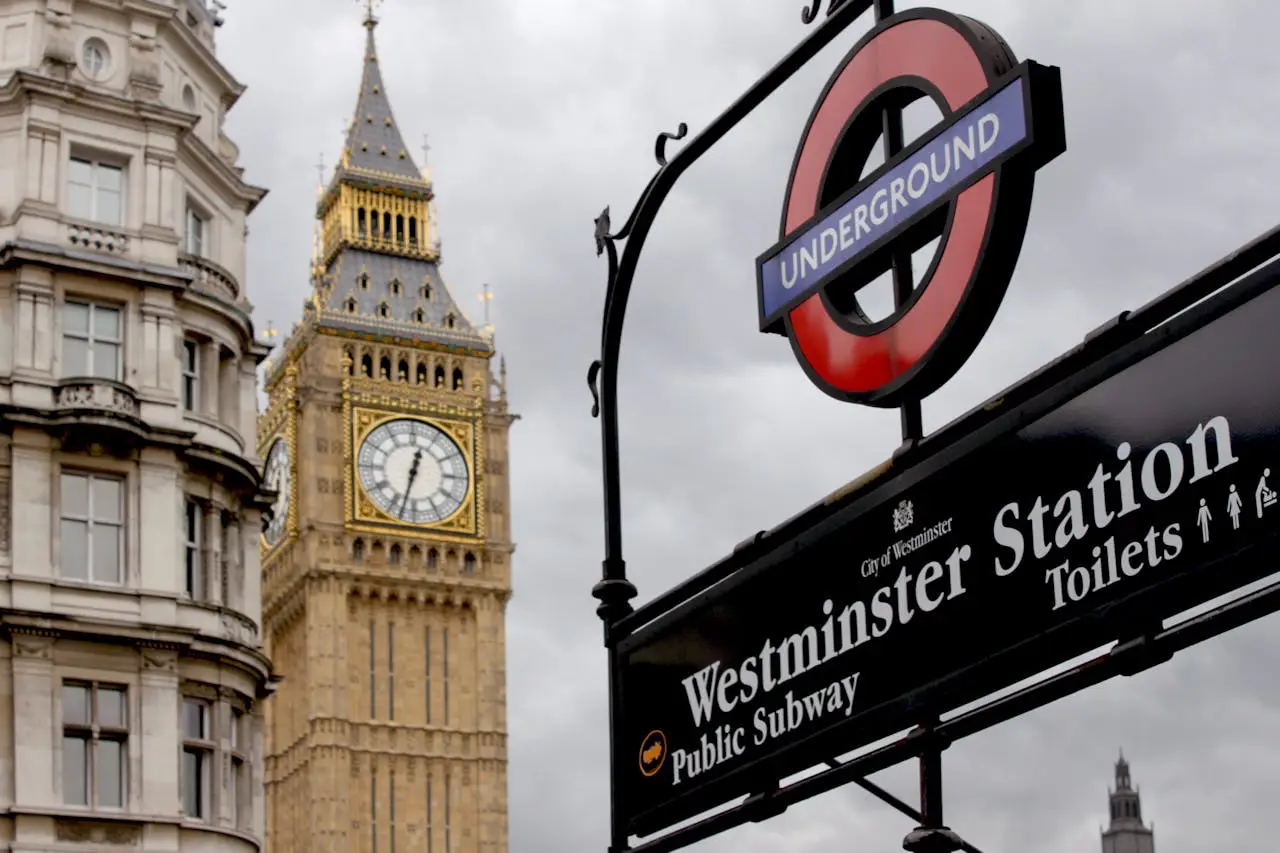Westminster Station sign with Big Ben clock tower in the background on a cloudy day.