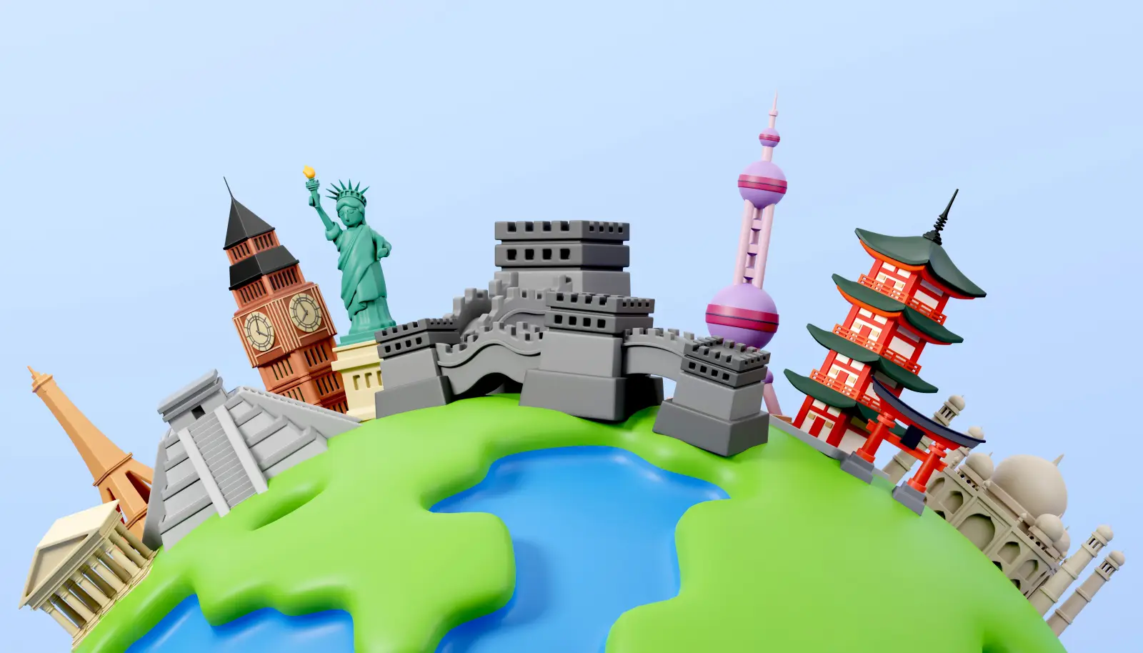 3D illustration of famous world landmarks including the Statue of Liberty, Eiffel Tower, Big Ben, Great Wall of China, and Taj Mahal on a globe.