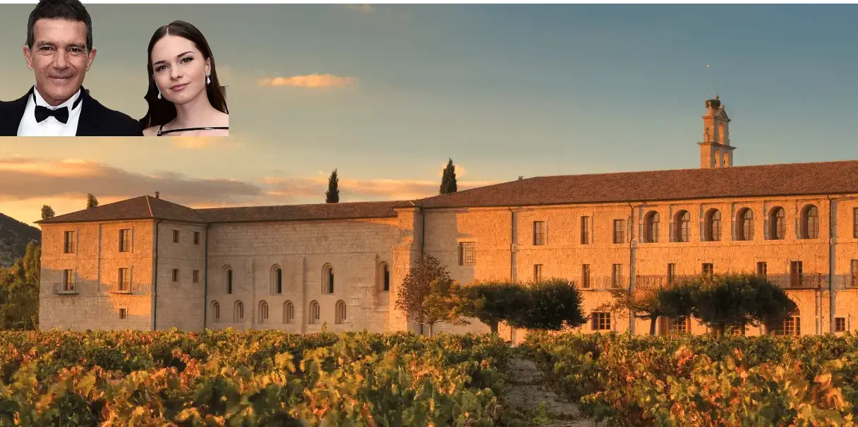 Spain’s Wine Country Weddings Are The New Celebrity Trend 2 La Abadía Retuerta LeDomaine monastery and vineyard at sunset with inset of Antonio Banderas and his daughter Stella