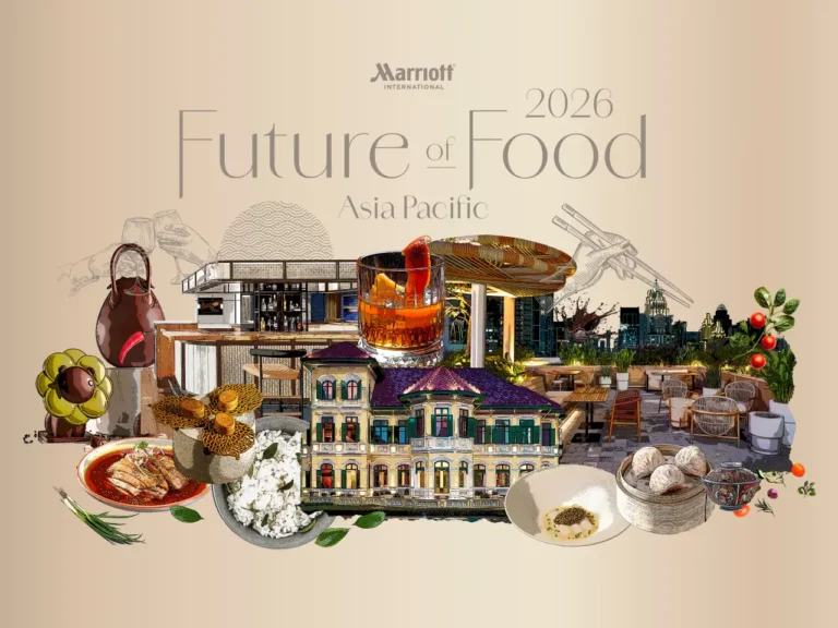 Illustrated collage for Marriott International’s “Future of Food 2026 Asia Pacific” report showing regional cuisine, cocktails, and dining scenes.