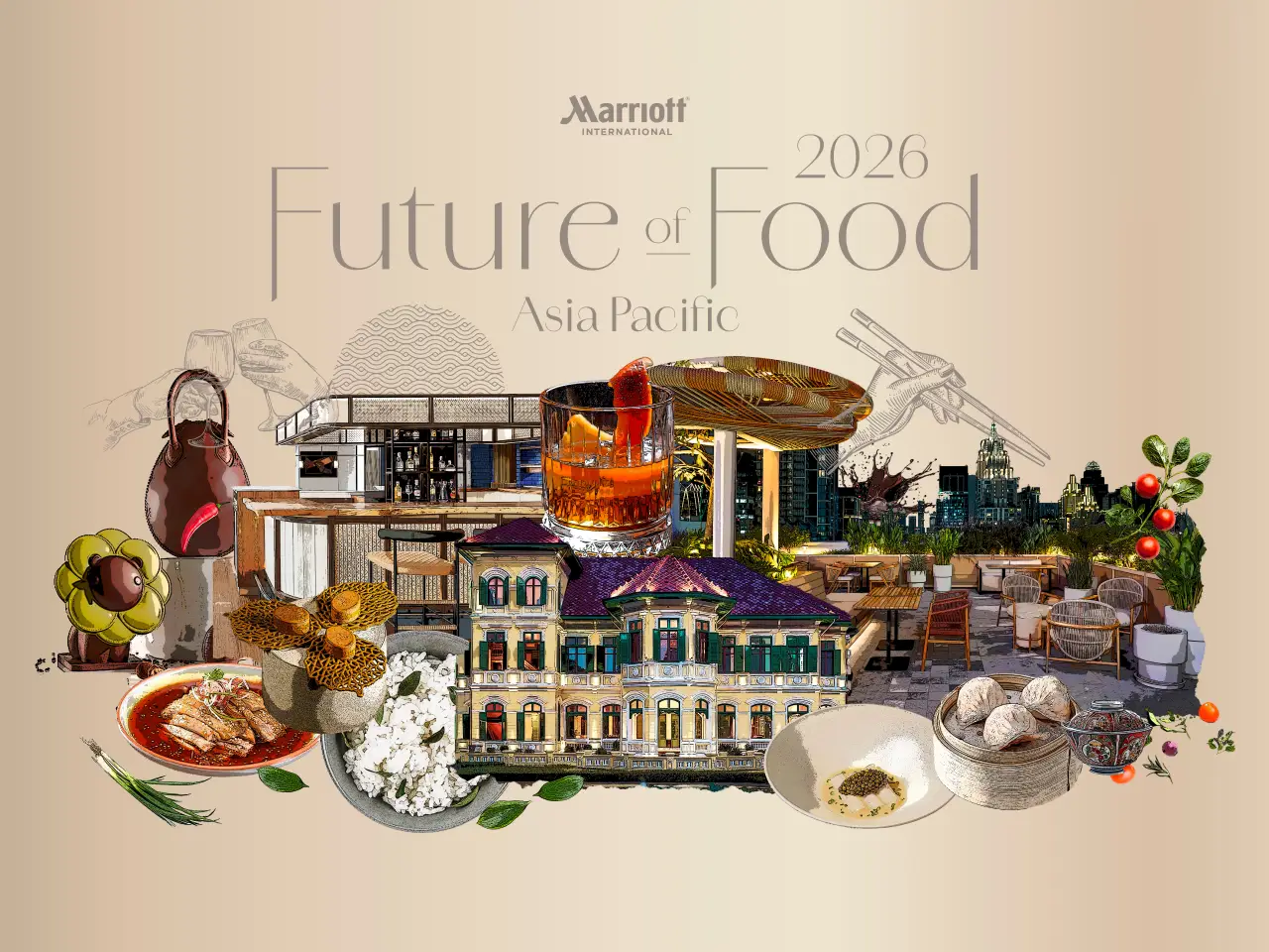 Illustrated collage for Marriott International’s “Future of Food 2026 Asia Pacific” report showing regional cuisine, cocktails, and dining scenes.