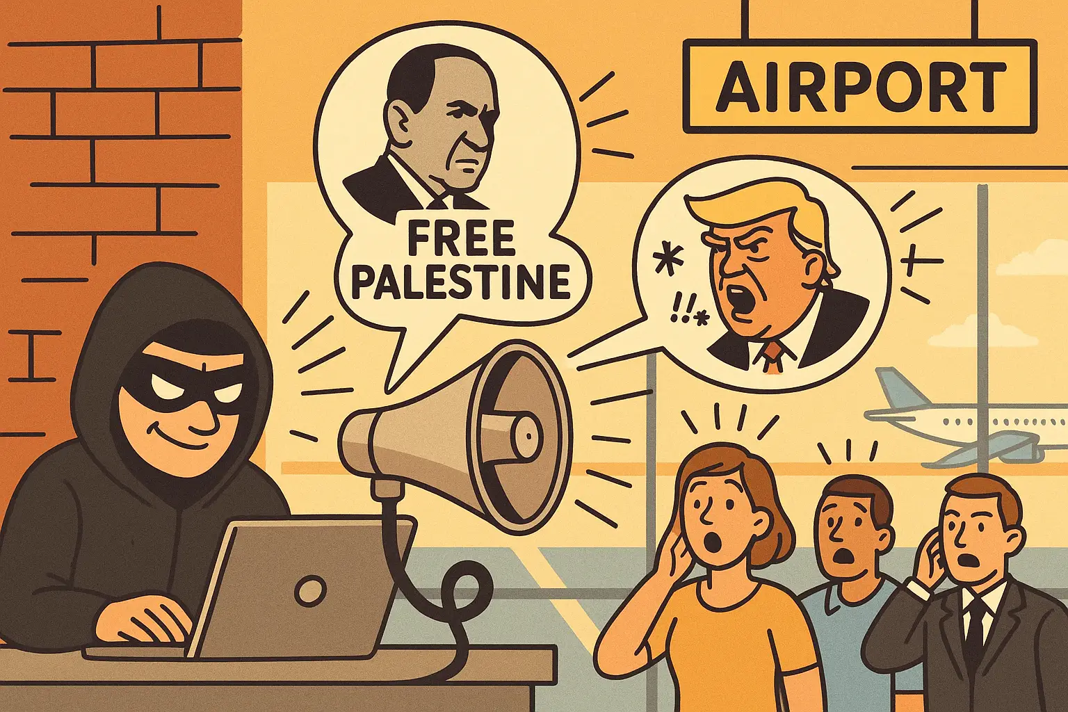 Cartoon of a hacker using a laptop to hijack airport loudspeakers broadcasting political messages while shocked passengers listen.