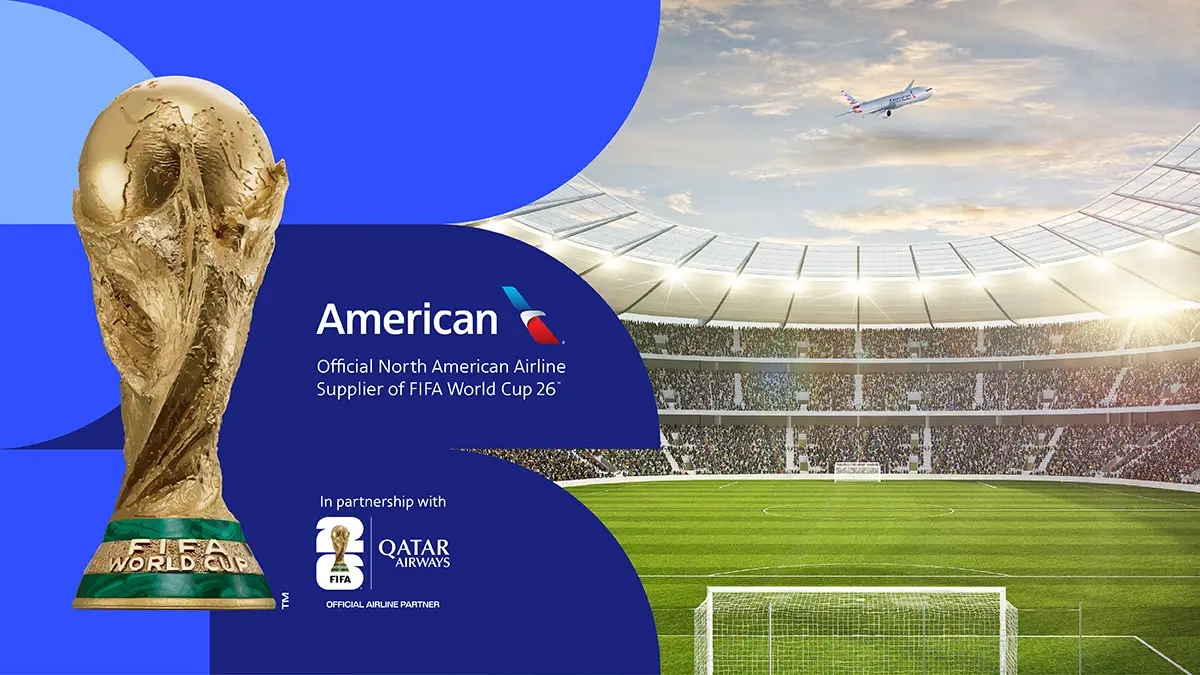FIFA World Cup trophy with American Airlines and Qatar Airways logos promoting partnership for FIFA World Cup 26