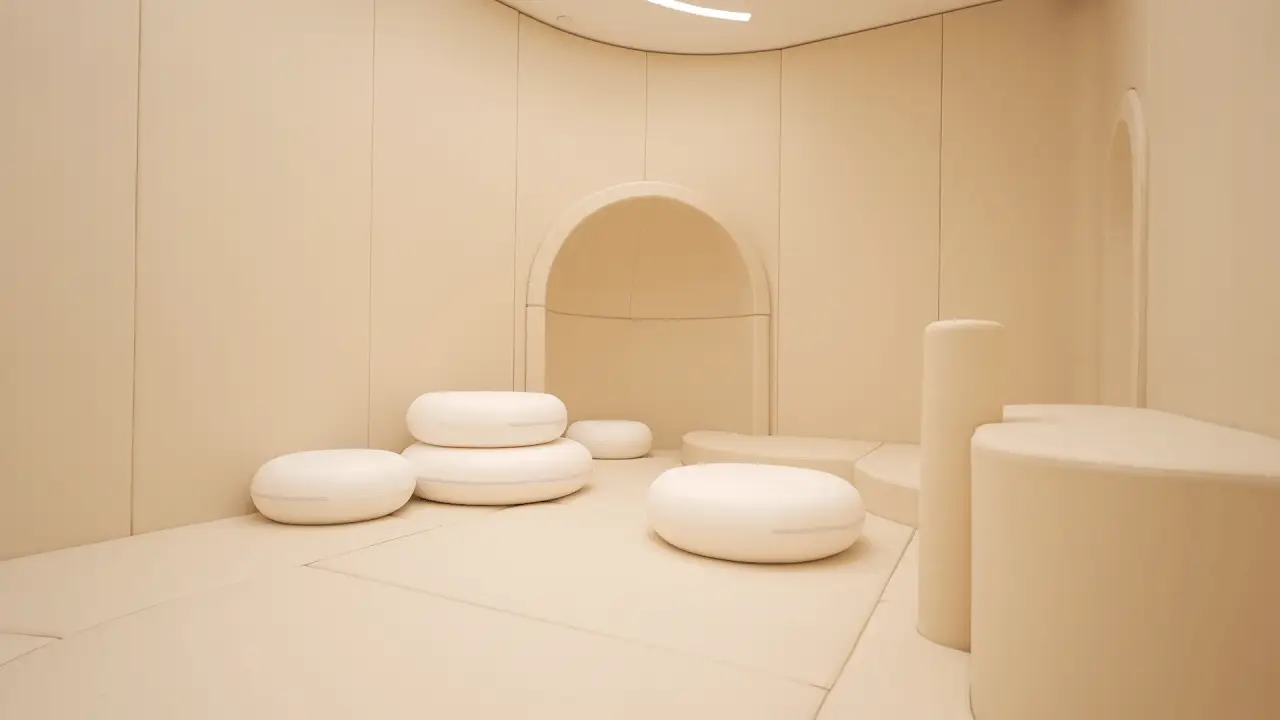 Changi Airport’s Calm Room Welcomes Travellers With Invisible Disabilities 4 Softly padded beige room with round cushions inside The Den at Changi Airport’s Calm Room