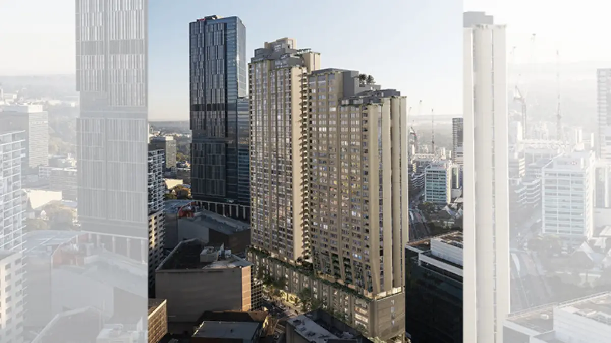 Rendering of the future Crowne Plaza Parramatta tower within Sydney’s city skyline